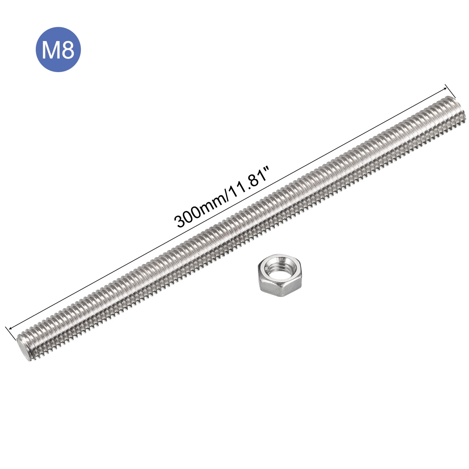 Uxcell 15Pack M8 x 300mm Fully Threaded Rod w 15Pack Hex Nuts, 1.25mm Pitch 304 Stainless Steel Right Hand Threaded Rod