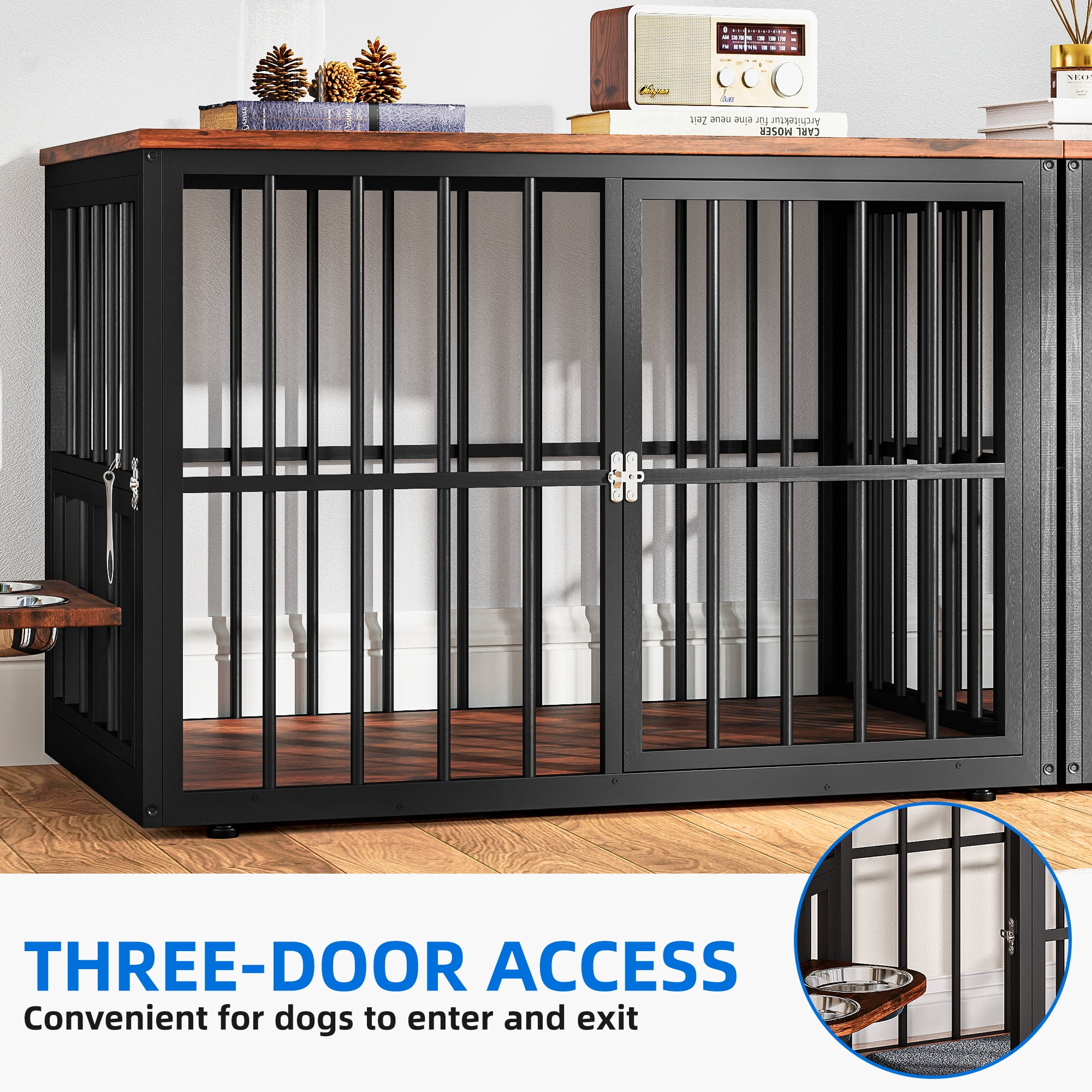 Dextrus 88.6" 4-in-1 Large Double Dog Crate Furniture,Heavy-Duty Wooden Dog Kennel with 360° Swivel Bowls & 3 Doors,Dog Crate Furniture TV Stand for 2 Medium/Large Dogs,Brown