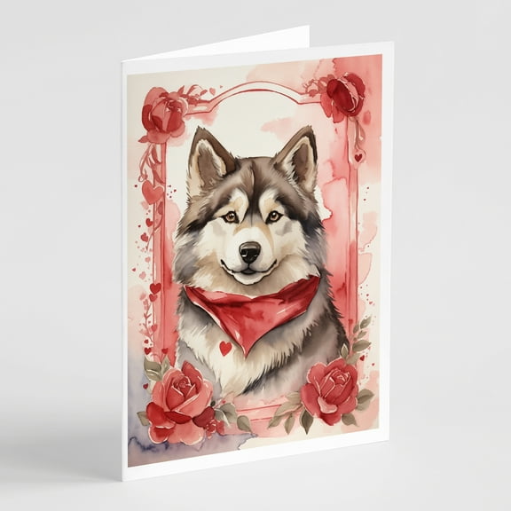 Alaskan Malamute Valentine Roses Greeting Cards Pack of 8 7 in x 5 in