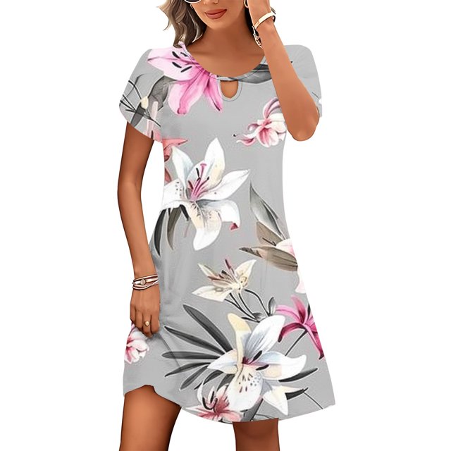 Pisexur Robes d'Été pour Femmes Mode Col Trou de Serrure Robe Midi Décontractée Slim Manches Courtes Robe Tunique Imprimé Floral Boho Élégante Taille Haute Longueur Genou Robe de Plage Vacances