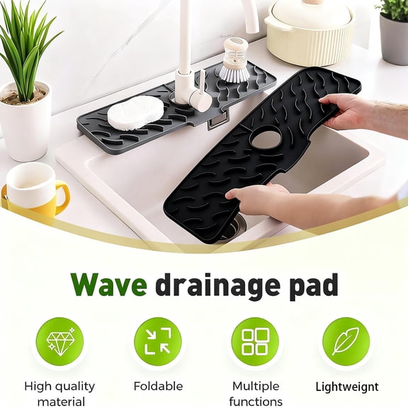 Wave Pattern Silicone Faucet Drip Mat, Sloped Quick Dry Sink Splash Guard, Non Slip Long Drainage Tray for Kitchen & Bathroom Counter, Black