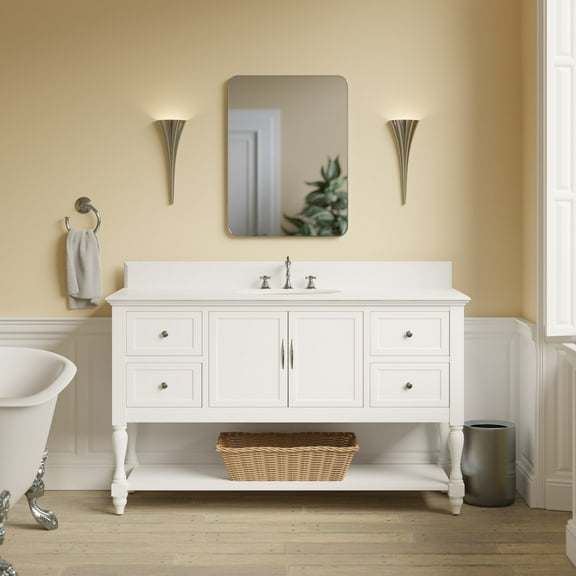 KBC Beverly 60" Wood Single Bathroom Vanity w/ Quartz Stone in White