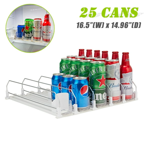 Hyindoor 5 Rows Drink Organizer for Fridge Adjustable Width, Automatic Pushing 12oz 16oz 20oz Soda Can Organizer Dispenser, Holds up to 25 Cans (White)