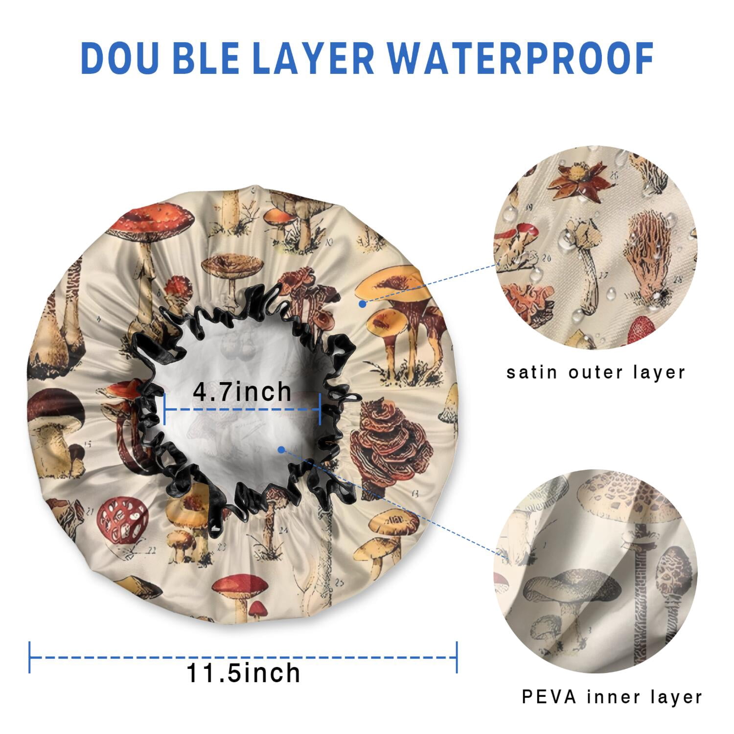 Shower Caps,Brown Mushroom Label Light Pattern Waterproof Shower Cap for Women 4 Pieces,Double Reusable Hair Cover for Shower PEVA Elastic Stretch Hem