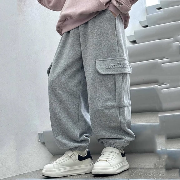 Falkdiz Cargo Sweatpants for Boys Sport Joggers Pockets Solid Color Pantalones Winter Trendy Relaxed fit Boys Pants Elastic Waist, Gray, Size: 5-6 Years