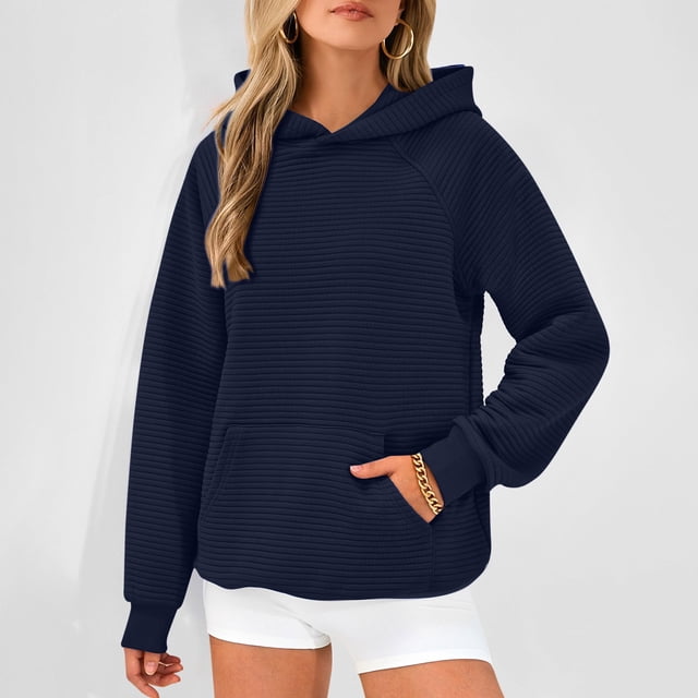 Frostluinai Chandails à Capuchon en Tricot Côtelé pour Femmes, Manches Longues Raglan, Chandails Molletonnés de Couleur Unie, Chandail d'Automne à Enfiler, Coupe Ample, Chandails Molletonnés avec Poche