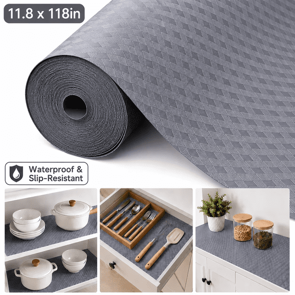 CWMMLS 11.8" x 118" Gray Shelf Liner for Kitchen Cabinets, Waterproof Non-Slip EVA Drawer and Cupboard Mats, Non-Adhesive Roll for Shelves, Pantry, and Refrigerator
