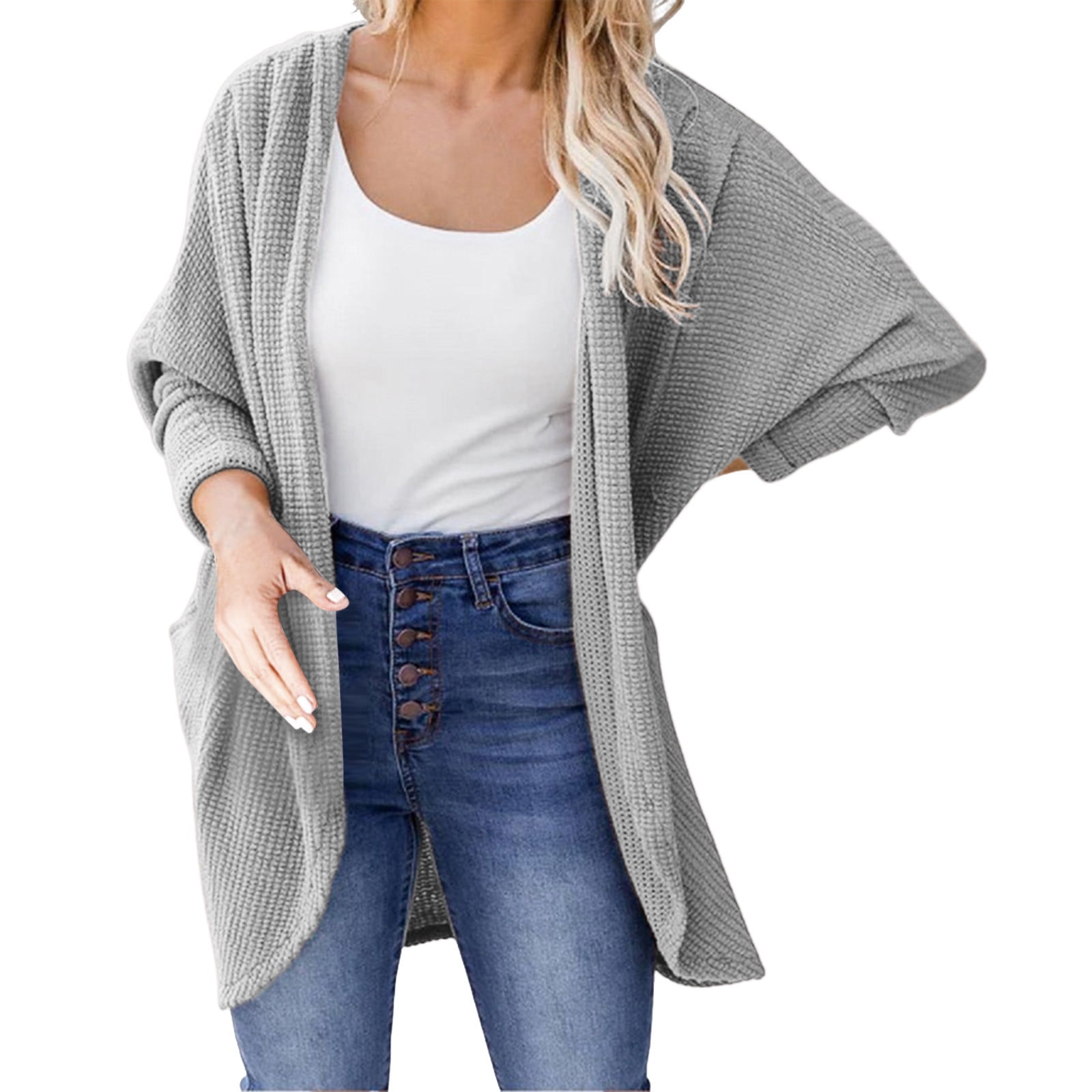 Manteau d'Automne pour Femmes Couleur Unie Tricoté devant Manteau Extérieur Mi-Longueur Mode Manteau Tricoté à Col Rond Veste Chaude