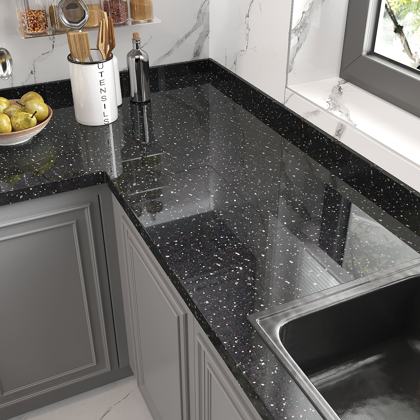 VEELIKE 15.7''x118'' Black Marble Contact Paper for Countertops Waterproof Self Adhesive Granite Wallpaper Peel and Stick Countertops Removable Marble Contact Paper for Kitchen Cabinets Walls Table