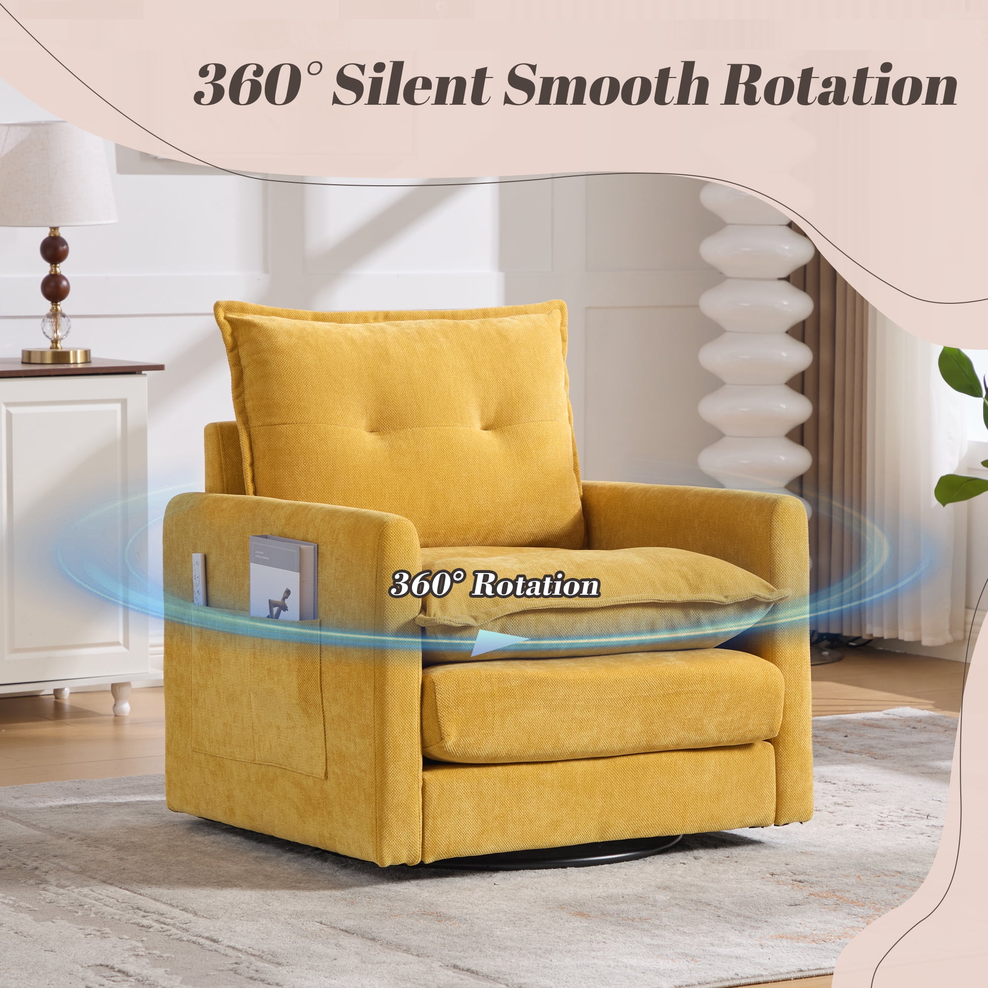 Leumius Swivel Accent Chair,Mid Century Modern Chenille Armchair with Thick Padded and Metal Base,Swivel Single Sofa Chair Barrel Reading Chair for Living Room Bedroom,Mustard Yellow