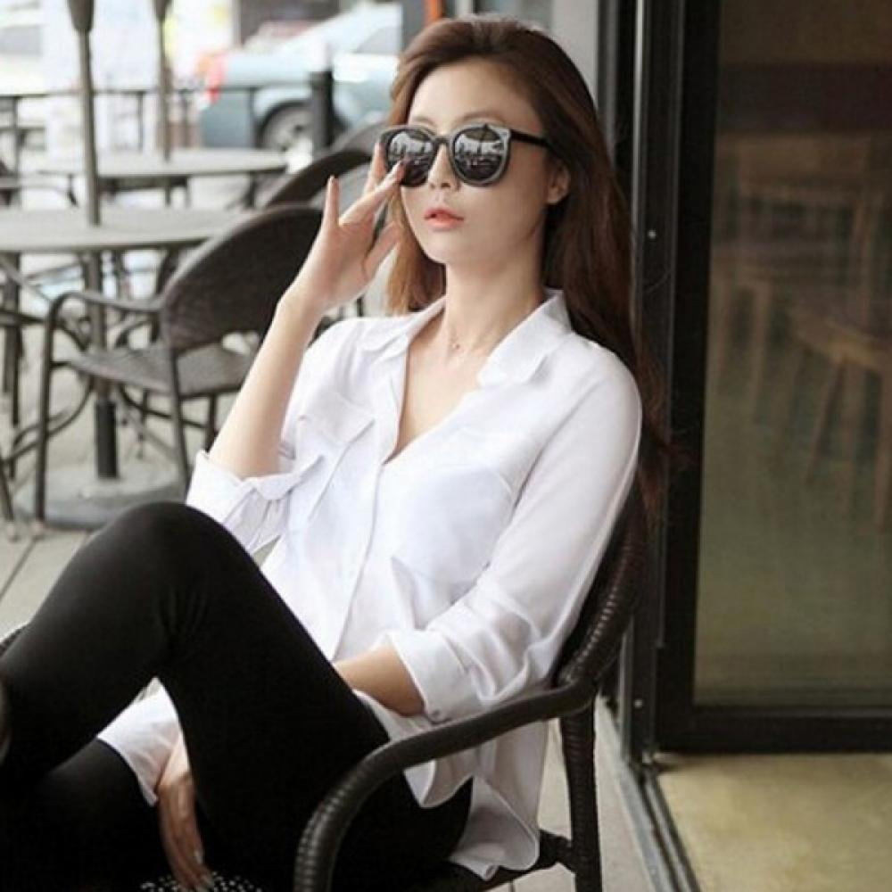 Spring summer Women white Button Down Shirts Long Sleeve Chiffon Office