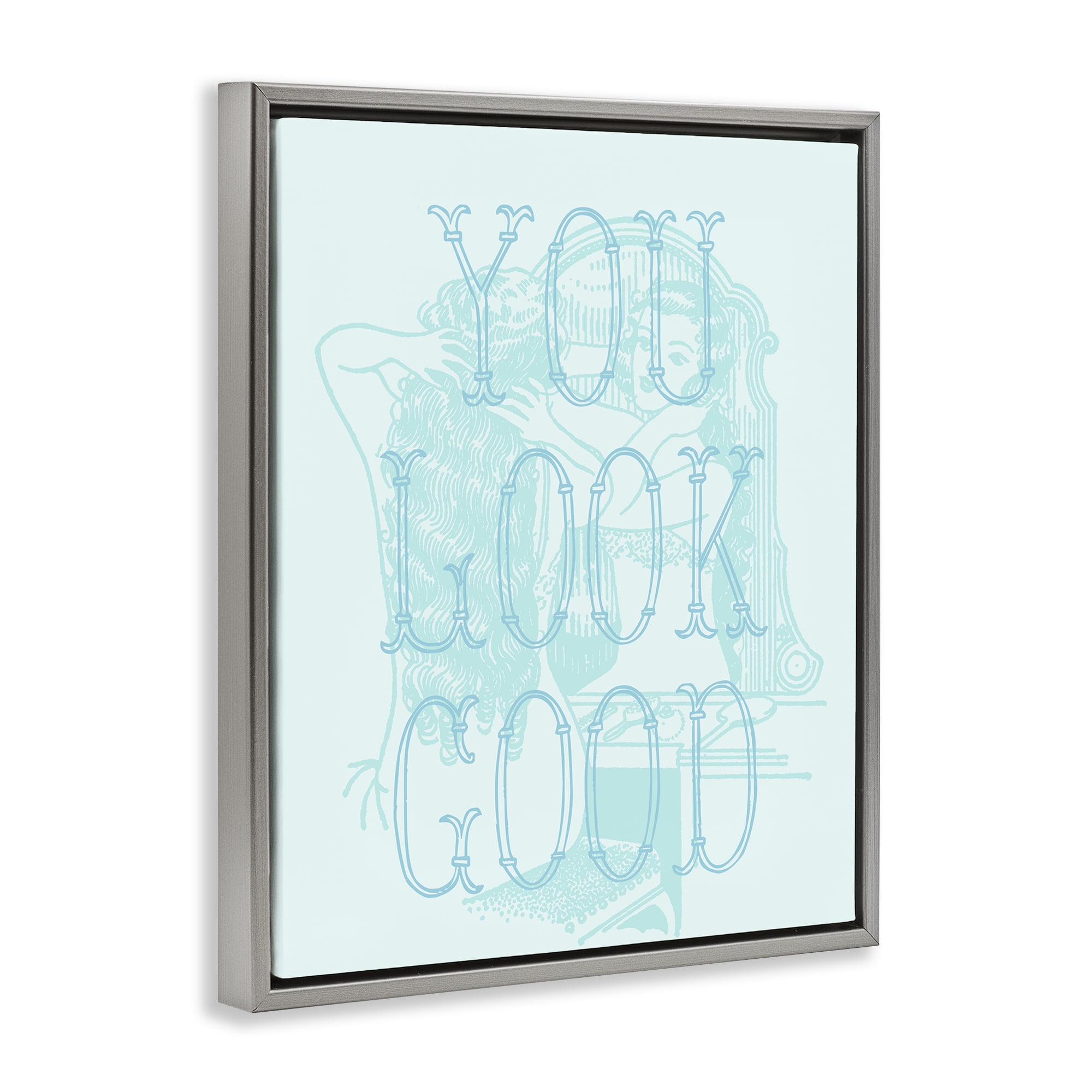 Stupell Industries You Look Good Girl in Mirror People Painting Gray Floater Framed Canvas Art Print Wall Art, 25 x 31