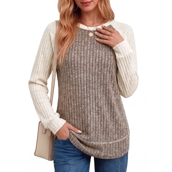 MOYIKO Color Block Long Sleeve Shirts for Women Crewneck Tunic Tops Casual Pullover Lightweight Sweaters Fall Outfits