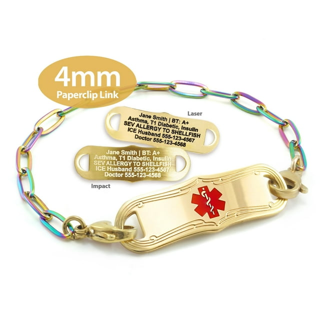 MedicEngraved® 4mm Paperclip Link Bracelet in 316L Stainless Steel Rainbow Yellow Gold Finish with Medical ID Tag - Engraving Included