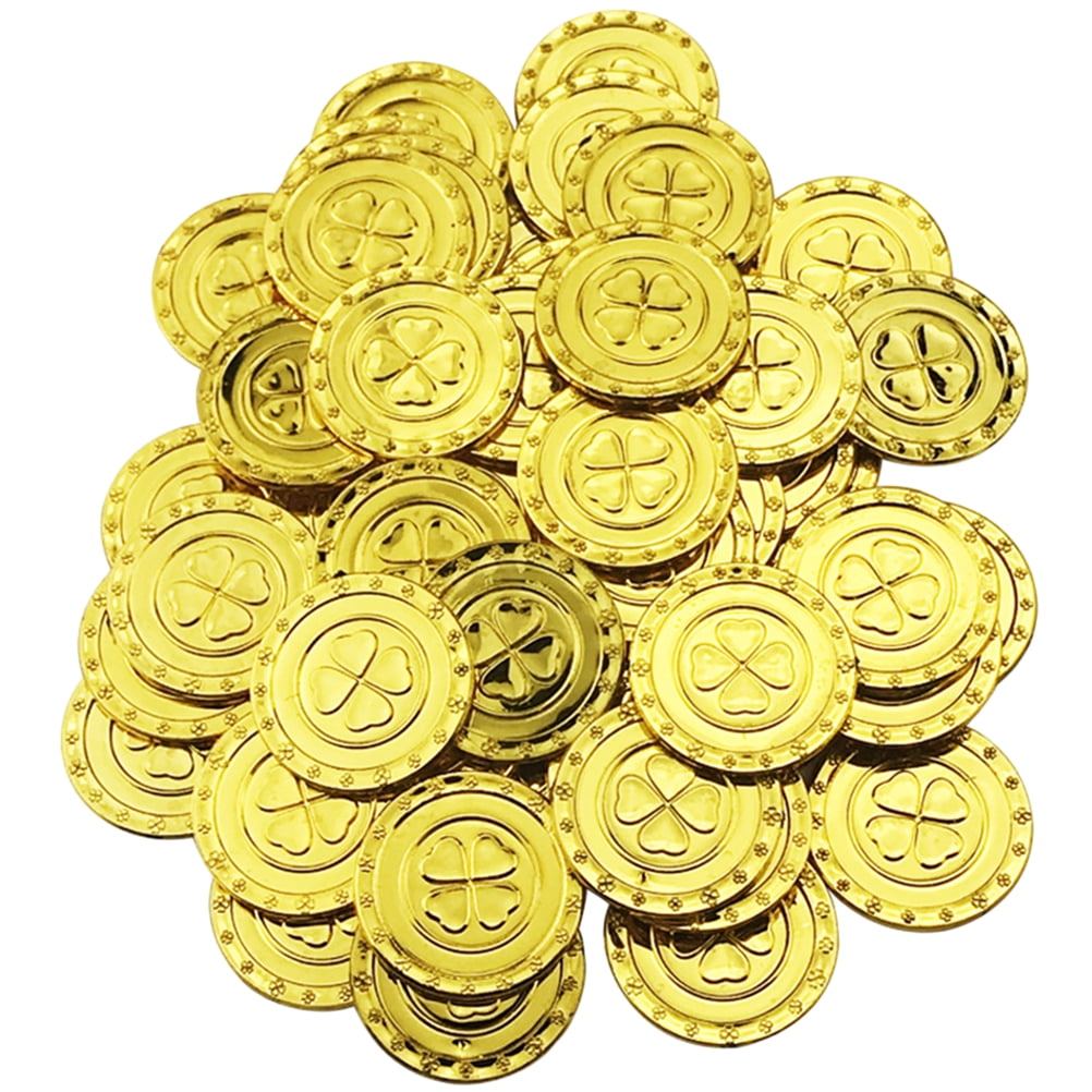 FRCOLOR 100Pcs Plastic Golden Coins Kids Gold Coins Toy Four Leaf