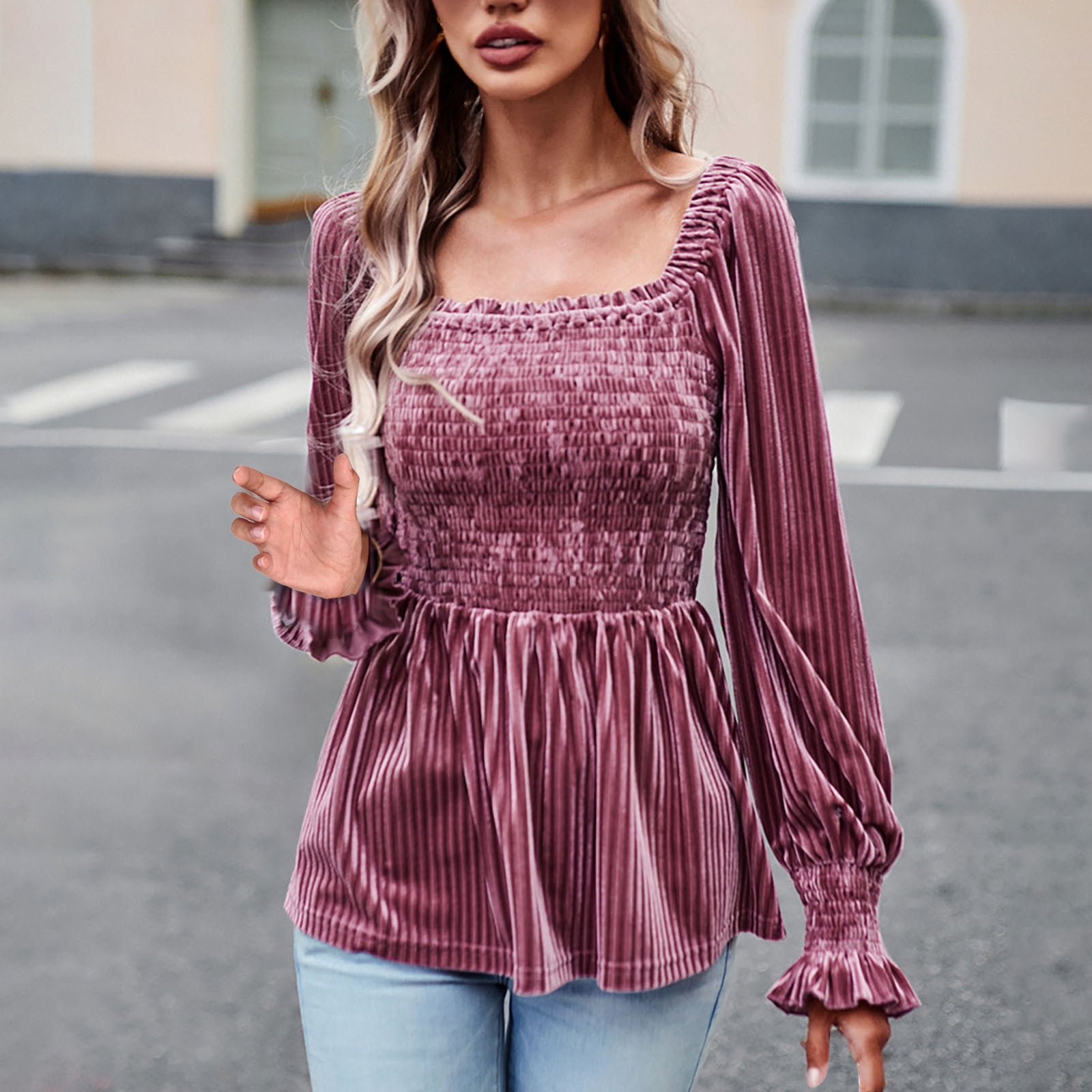 トップス room306contemporary Pleats Design Tops Square Neck Tops for Women Ruffle Trim Long Sleeve Blouses