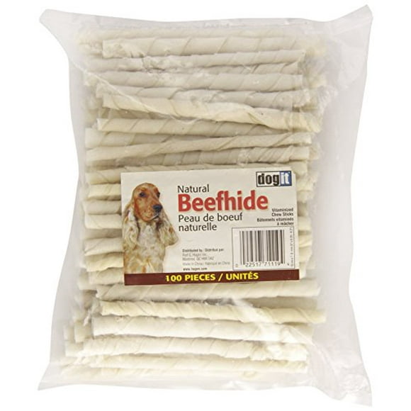 Dogit White Natural Beef Hide Chew Stick, 7-8mm X 12.5cm (0.3-0.35-Inch X 5-Inch), 100 Pack