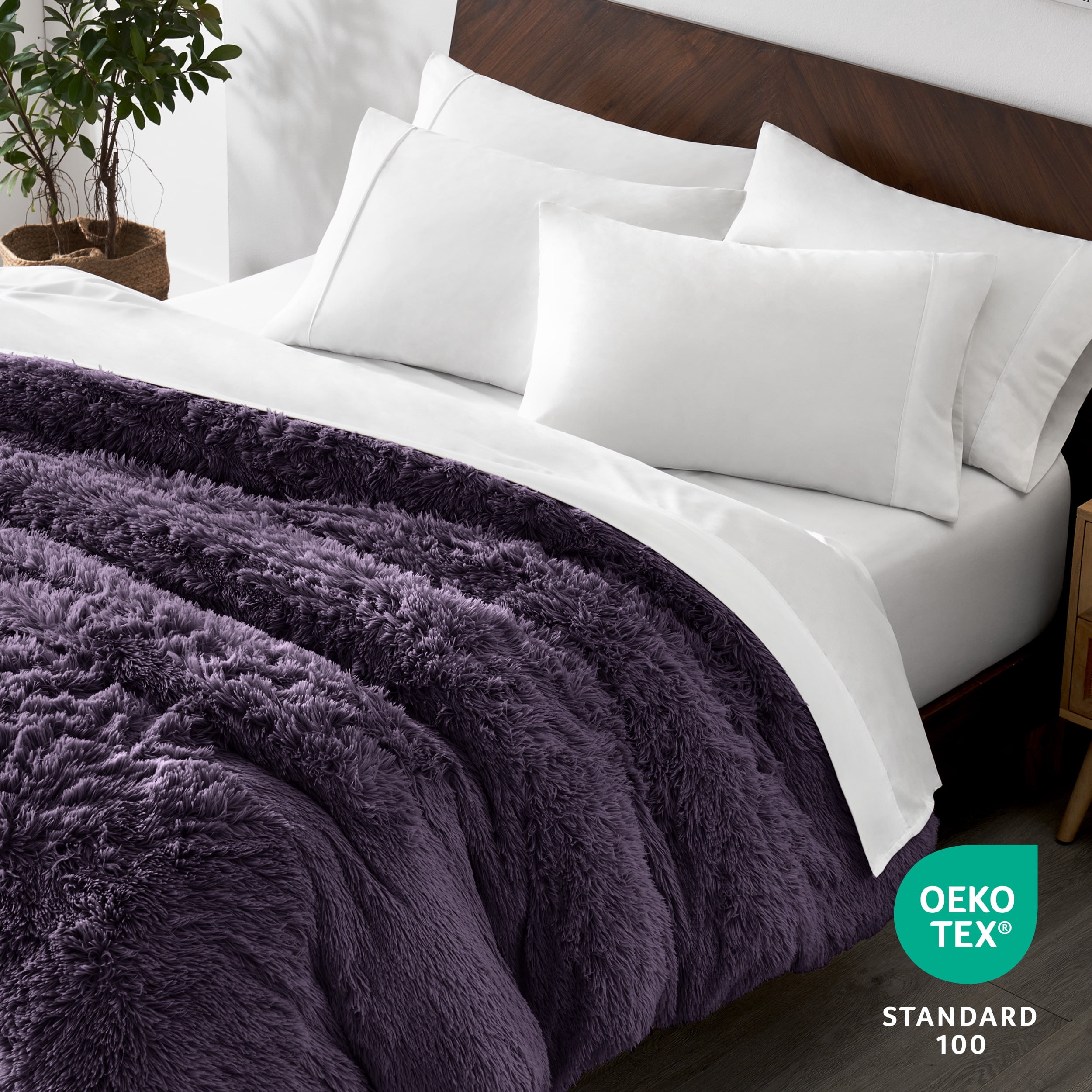 Bare Home Shaggy Faux Fur Duvet Cover - Ultra Soft - Fluffy Crystal Velvet - King/Cal King, Eggplant