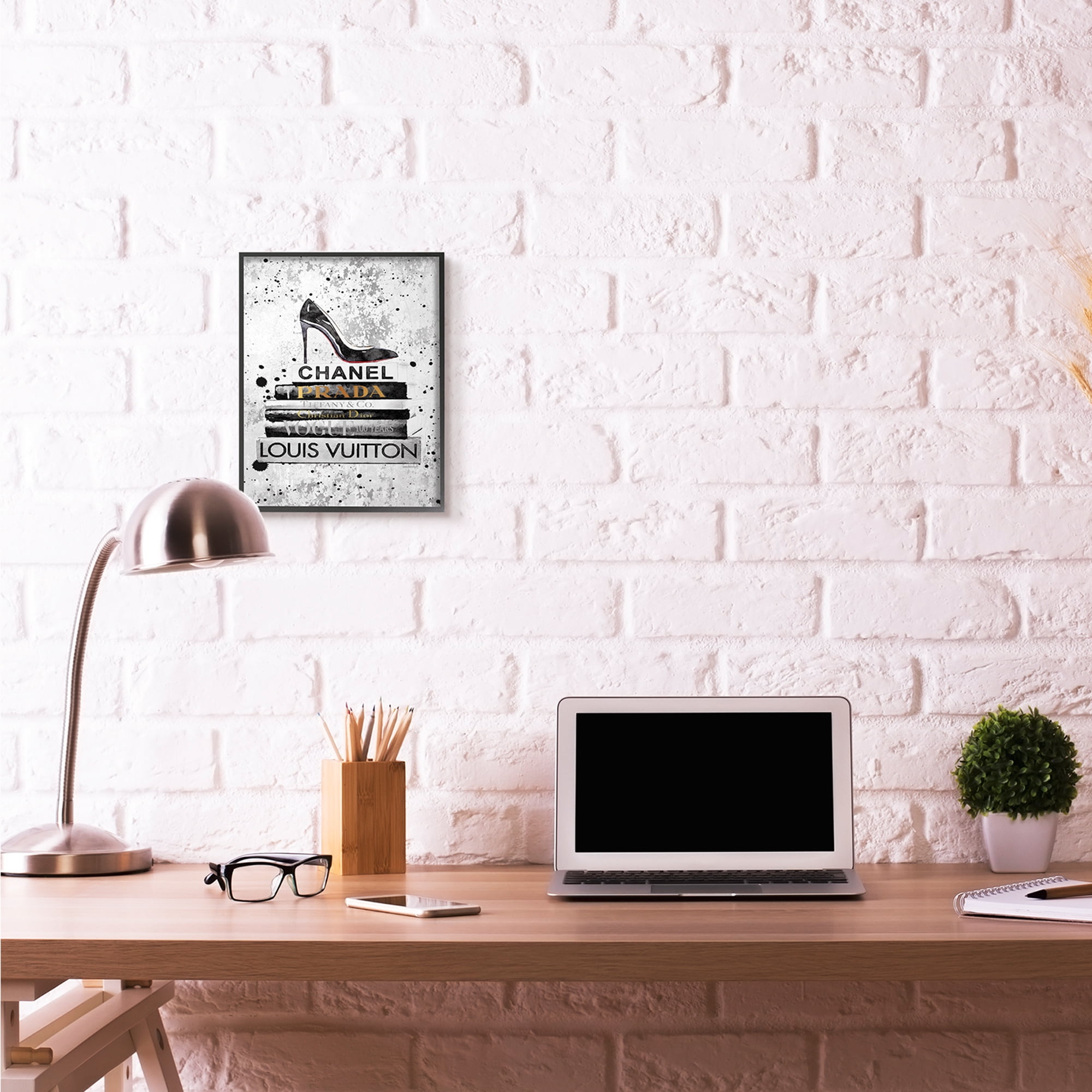 Stupell Industries Fashion Designer Shoes Bookstack Black Textured Watercolor Framed Wall Art by Amanda Greenwood