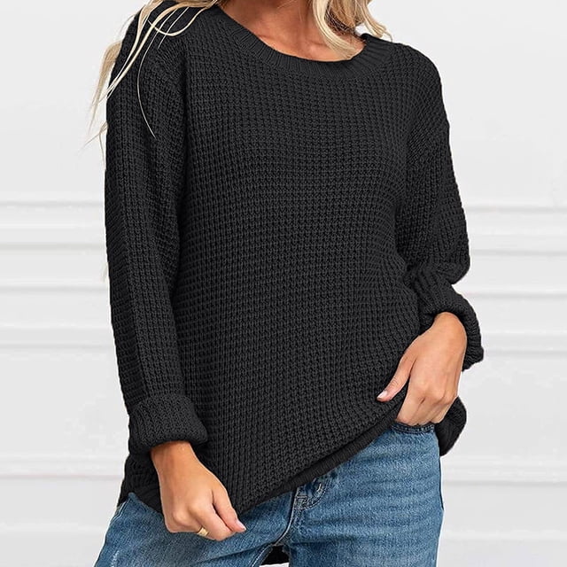 Qertyioot Chandails Tricotés pour Femmes, Chemise Élégante à Manches 3/4 et Col Rond pour Femmes