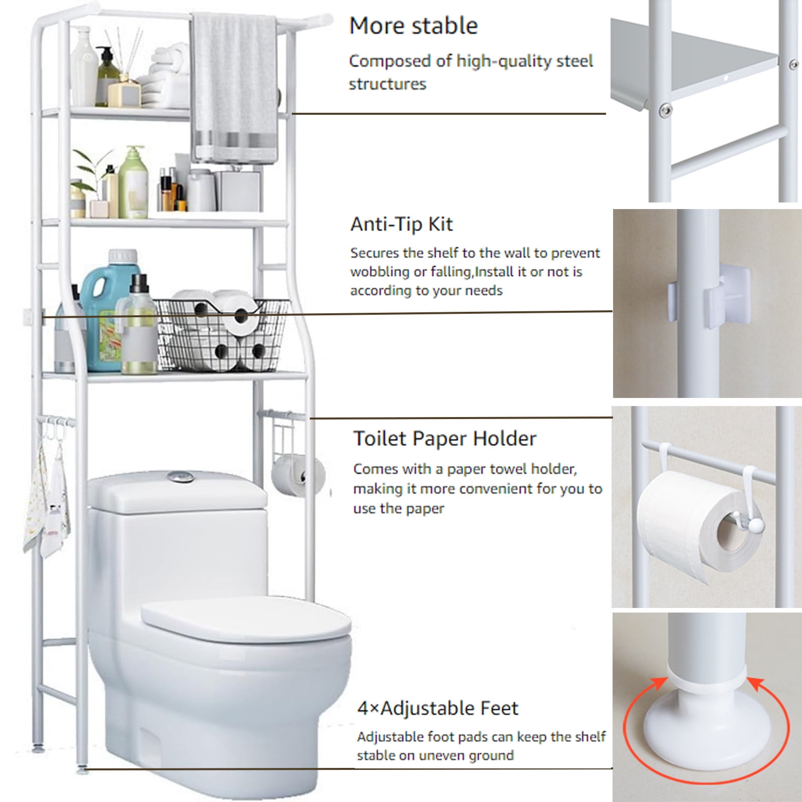 SUSUZI Over the Toilet Storage Rack 3-Tier Bathroom Organizer Shelf Metal Bath Shelves Freestanding Above Toilet Stand for Bathroom Laundry, White