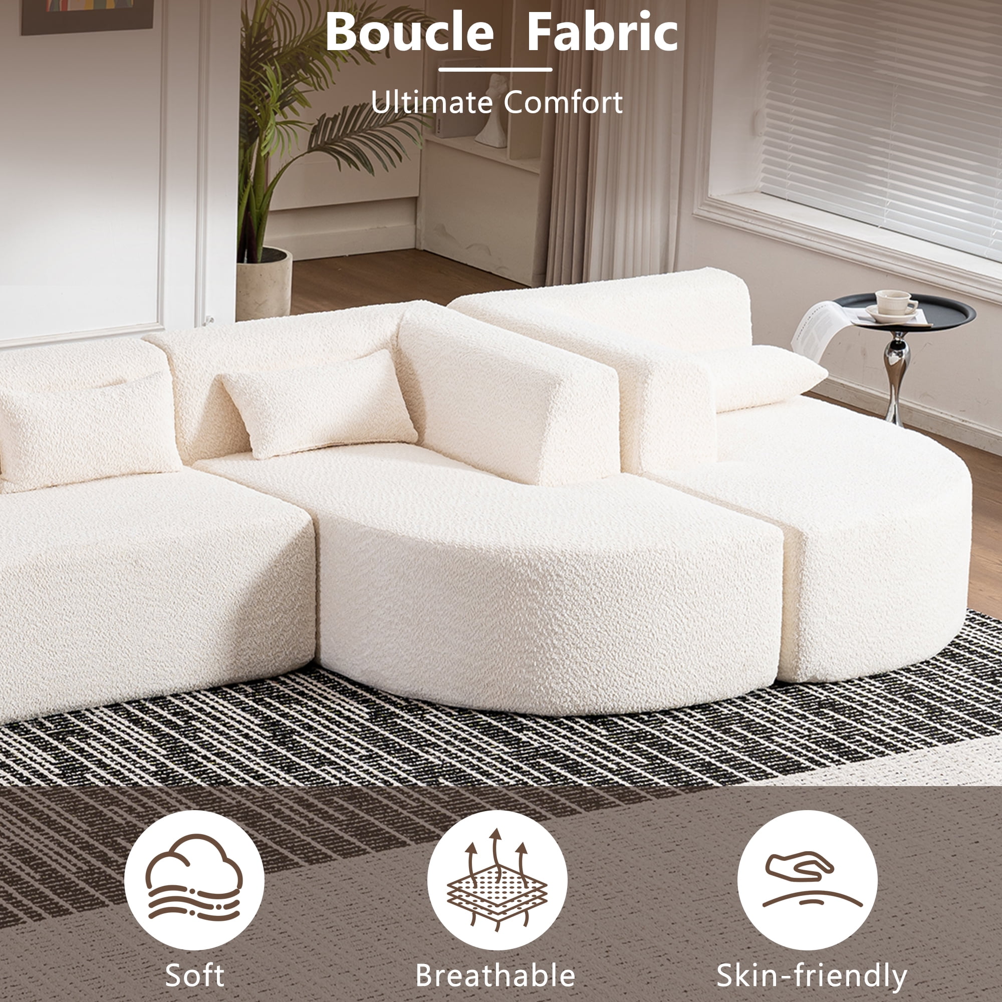 Euroco 144" Upholstered Sofa Free-combined Sofa Couch with Two Chaise Lounge and Five Back Pillows for Living Room, Beige