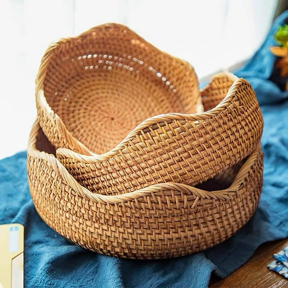 Bamboo Wicker Display Bowl Hand Woven Shallow Fruit Food Bread Serving Basket | Rustic Key Toy Wallet Entryway Table Storage Bowl| Circular Woven Decorative Straw Tray Basket