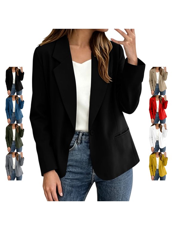 Women's Single Breasted Button Blazer Casual Notched Lapel Solid Color Coat Dressy Long Sleeve Business Commute Outer Suit Jacket with Pockets XXL