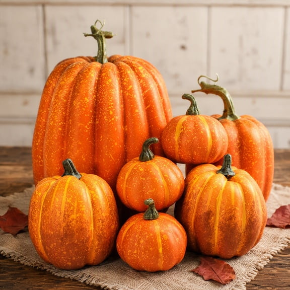 7Pcs Assorted Artificial Foam Pumpkins, Lifelike Faux Pumpkin Set, Fall Harvest Thanksgiving & Halloween Table & Porch Home Decor