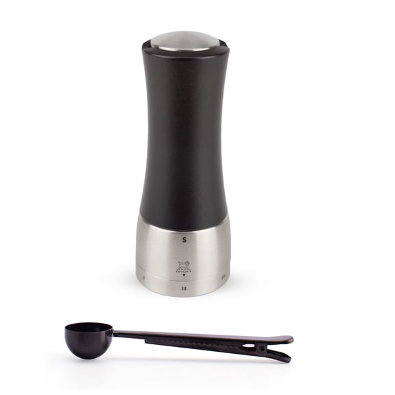 Peugeot Madras U'Select Shaftless 6-1/2-Inch Salt Mill Gift Set, Chocolate - With Stainless Steel Spice Scoop & Clip