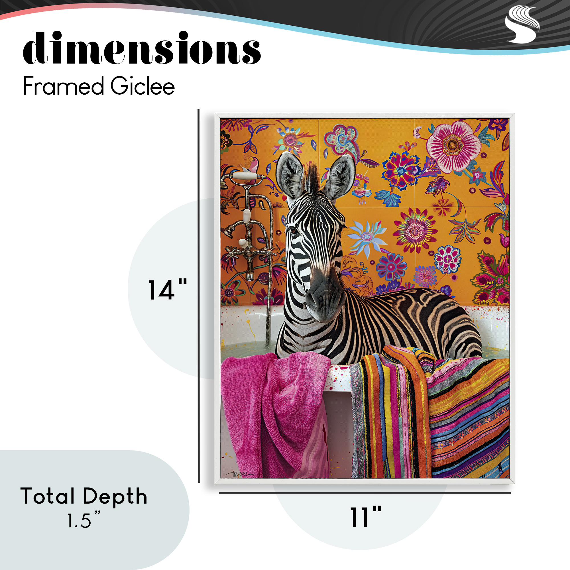 Zebra Bath with Colorful Towel White Framed Giclee Art, design by Momart