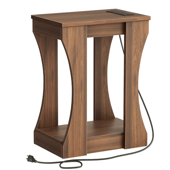 HOOBRO Transformable Narrow End Table with Charging Station & 2-Tier Storage, Walnut