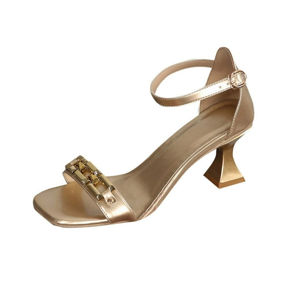 LOVZFMLL Heel Sandals for Women 2025 Flare Heels Square Open Toe Ankle Strap Dress Sandals for Casual Walking Wedding Dating Gold 9