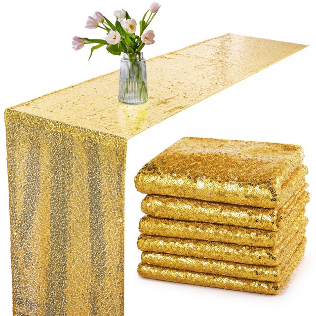 6 caminos de mesa de lentejuelas doradas, 12 x 108 pulgadas, camino de mesa rectangular con lentejuelas brillantes, para cumpleaños, bodas, despedidas de soltera, celebraciones, fiestas