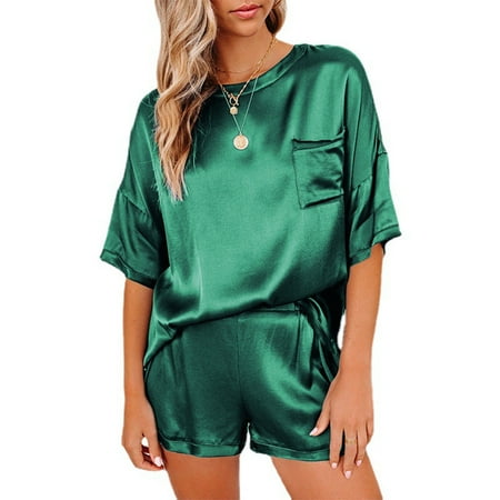 

Canis Women Solid Color Round Neck T-shirts Short Pants Sleepwear Pajamas