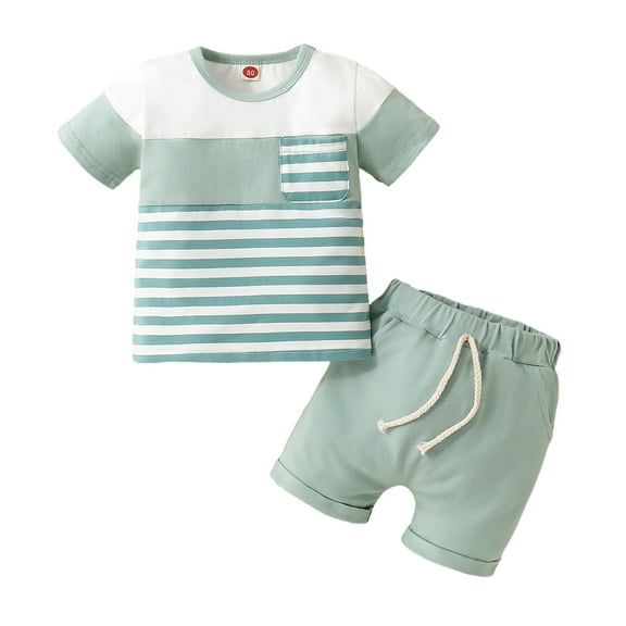 GYRATEDREAM Toddler Newborn Baby Boys Summer Outfit Short Sleeve Crew Neck Striped T-shirt with Elastic Waist Shorts 2Pcs, 0-6 Months
