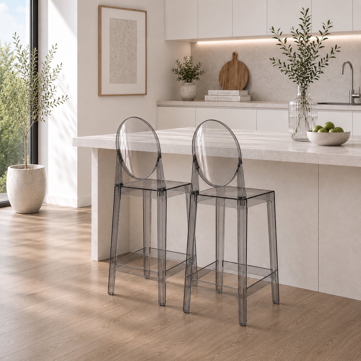 2xhome Set of 4 25" Seat Height Smoke Contemporary Modern Glam Barstool Modern Ghost Chair Ghost Stool Side Chairs Molded Plastic Bar Stool Counter No Arms Lounge Kitchen With Back