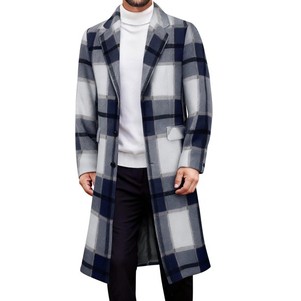 Kalauyu Men's Casual Notched Collar Plaid Single Breasted Wool Blend Formal Trench Top Coat