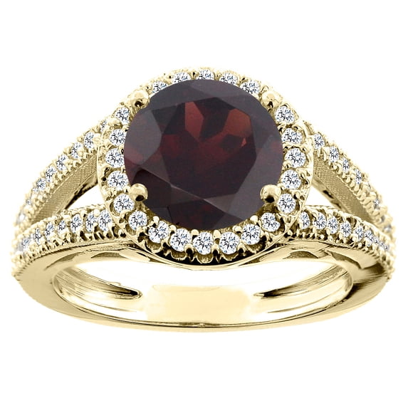 14K Yellow Gold Natural Garnet Ring Round 8mm Diamond Accent, size 5