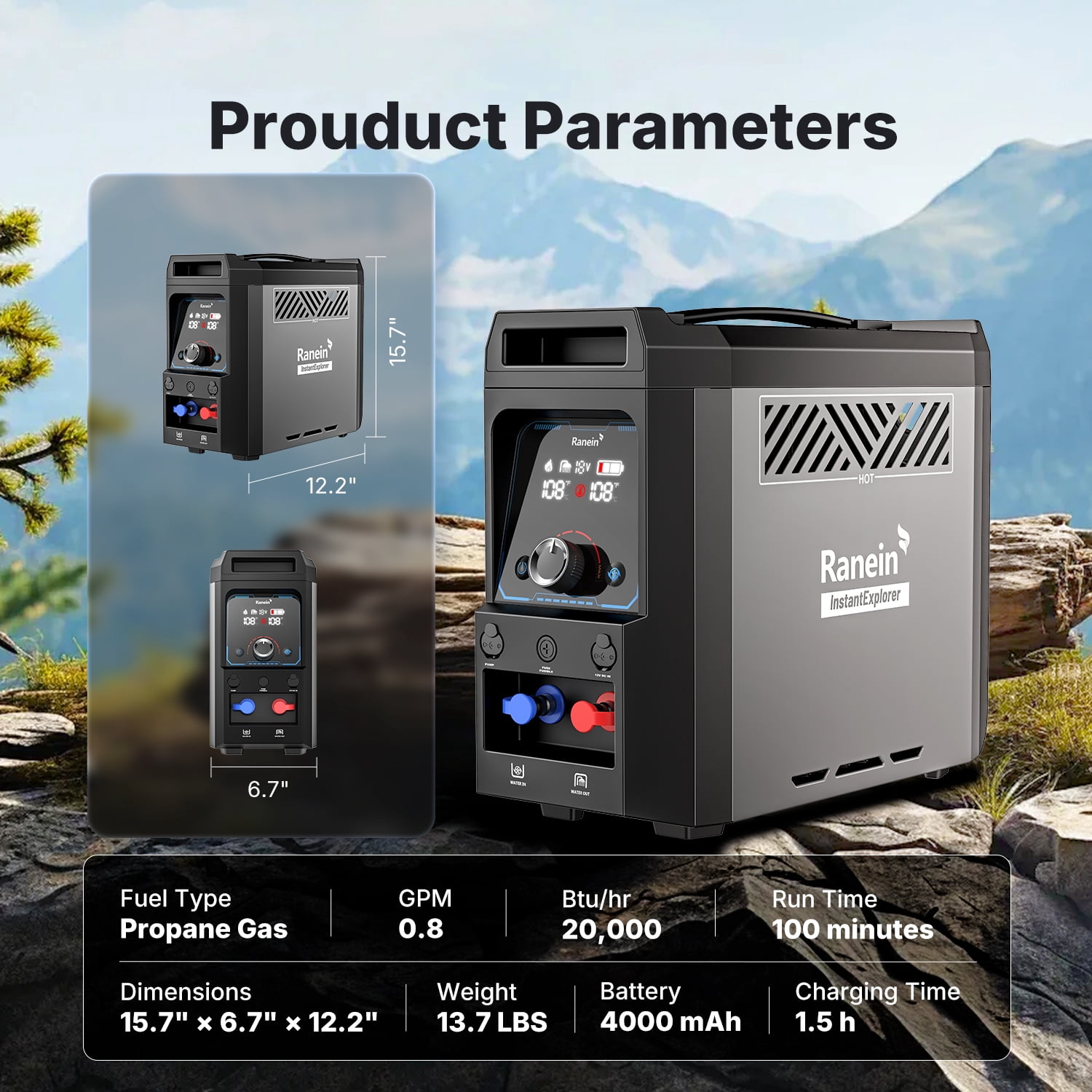 Ranein Portable Propane Water Heater with User-Friendly Control Knob Design, Built-in 4000mAh Rechargeable Battery, Instant Hot Water Pump & Showerhead...