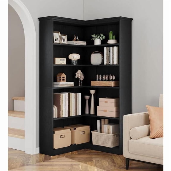 Black Full Panel 72.8 Inch L-Shaped Farmhouse Corner Bookshelf, 5-Tier Wood Storage Shelf for Living Room Bedroom