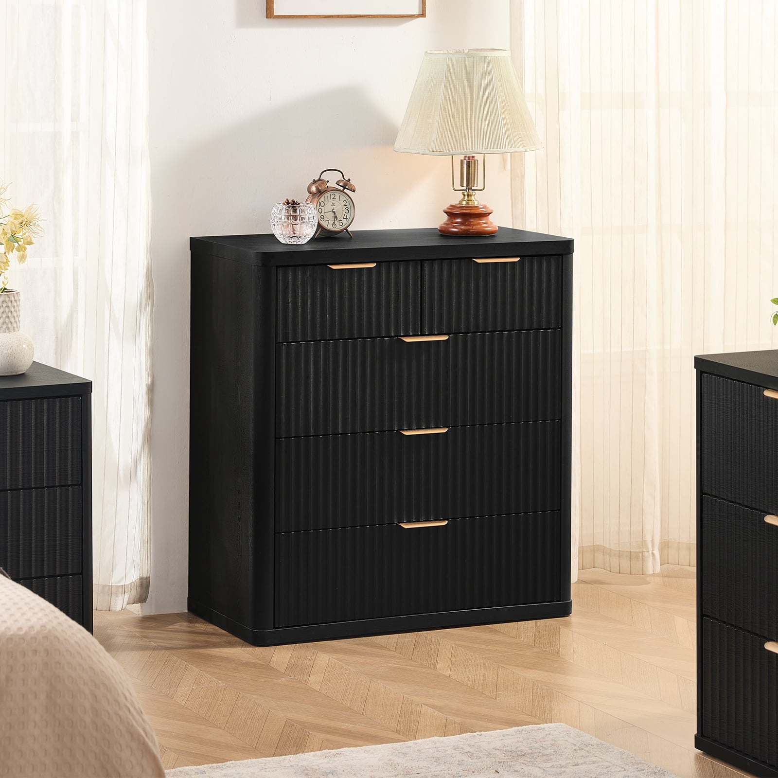 2 Pcs Wood Dresser, 5 Fluted Drawer Dresser for Bedroom, Modern Chest of Drawers with Deep Drawers for Living Room, Hallway, Entryway, Black