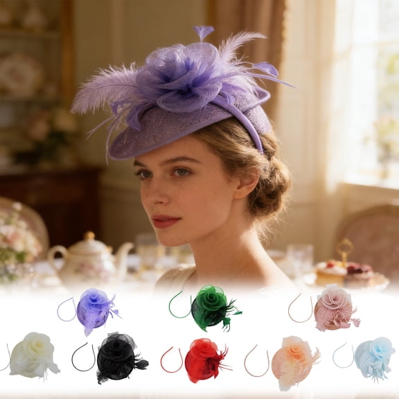 Tea Hat Fascinators Headband,Mesh Ribbons Feathers on a Headband and a Clip,Women Mesh Feather Flower Church Derby Headband With Fake Pearls Tea Party Headwear for Women