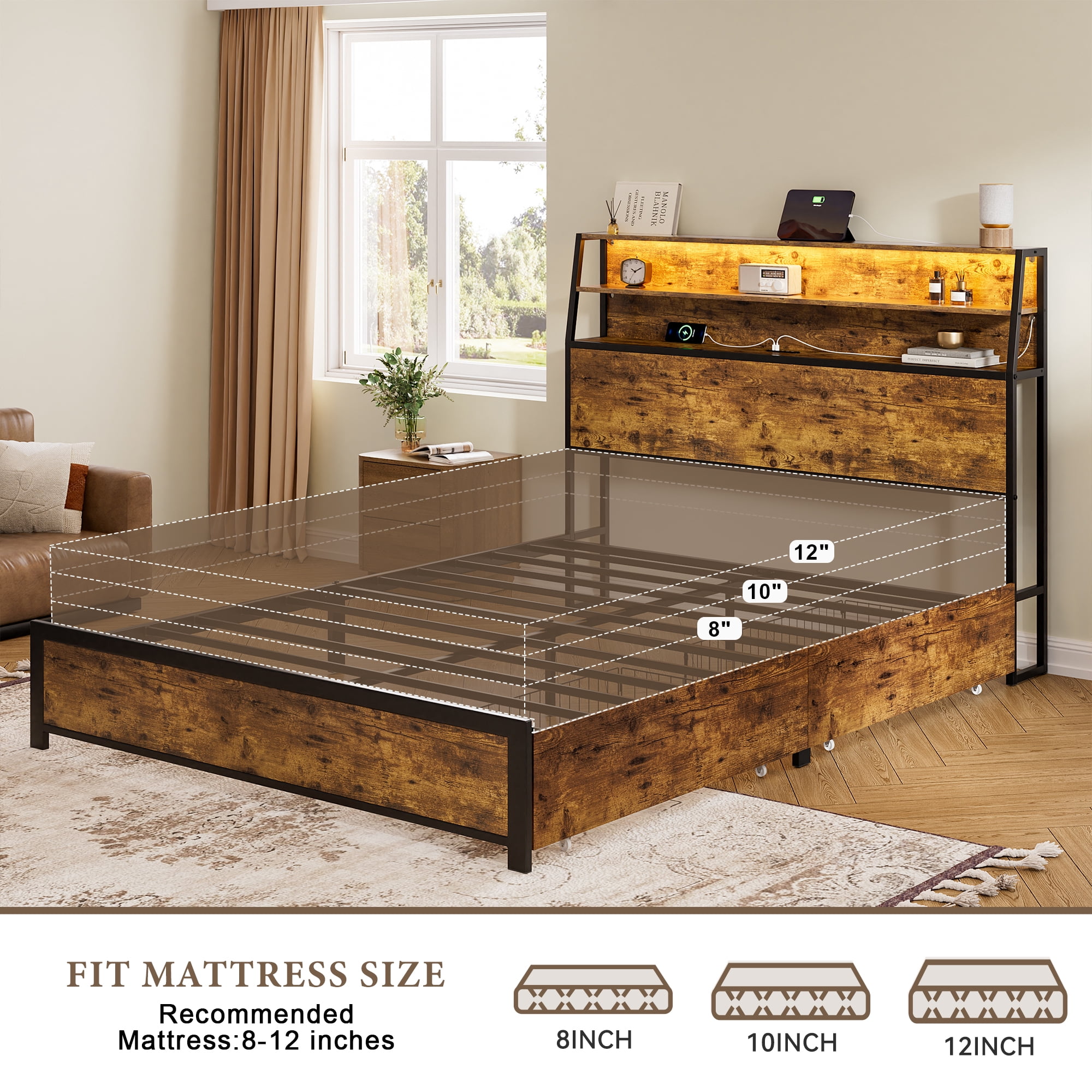 GUNAITO Full Bed Frame with Storage Headboard, 2 Drawers Platform LED Bed Frame with USB Ports & Outlets Brown