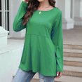 thumbnail image 3 of Camiseta de manga larga para mujer con bolsillos, cuello redondo, decoración de botones superiores para todas las estaciones, verde M, 3 of 6