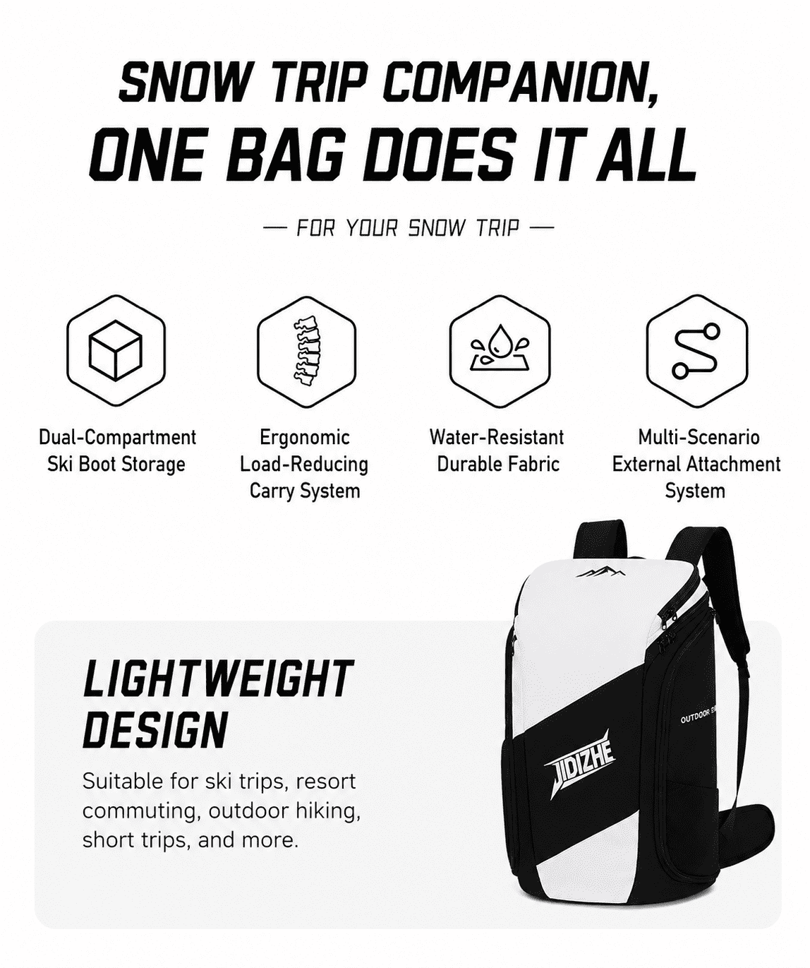 JIDIZHE Ski Boot Backpack Water-Resistant Textured Fabric 12.6 x 7.5 x 20.5 in for Snow Travel, Black and White
