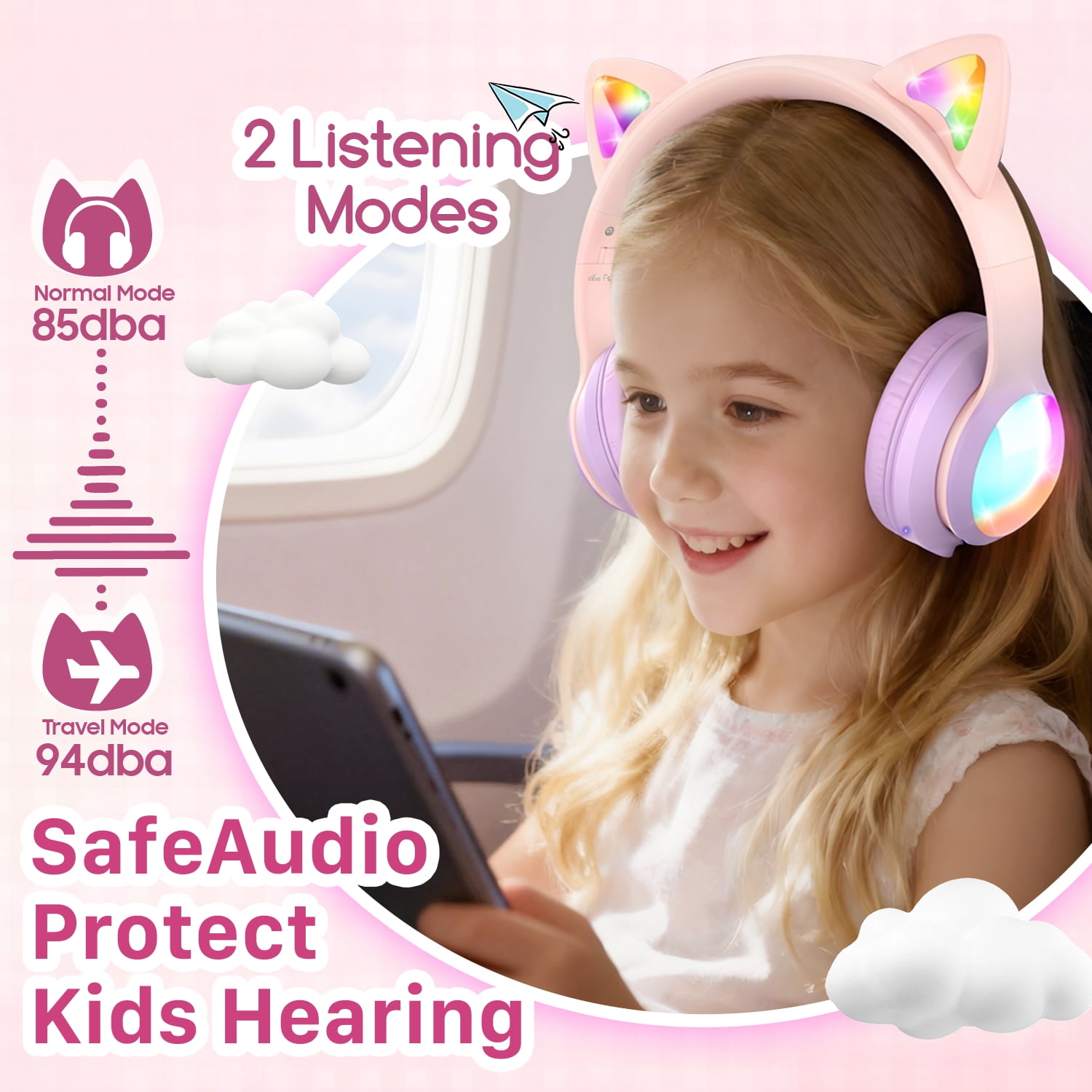 FosPower Kids Bluetooth Headphones with LED Cat Ears (85/94dB Volume Limit & 60H Play Time) Foldable Wireless/Wired Headset with 3.5mm Cable for School/Travel - Light Pink/Light Purple