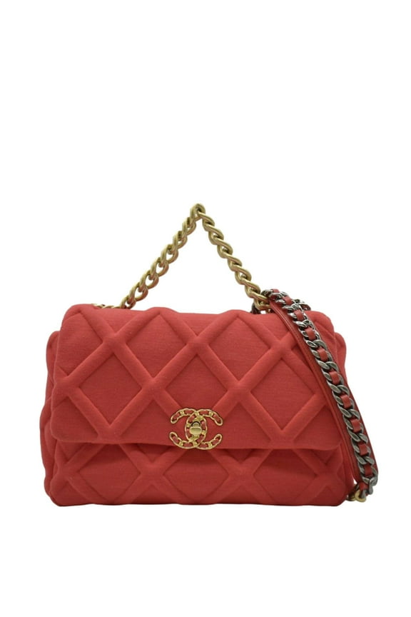 Pre-Owned CHANEL 19 Flap Quitled Jersey Lambskin Shoulder Bag Red
