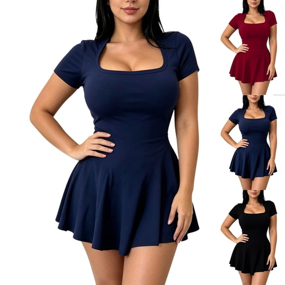 VBVC Women's Square Neck Short Sleeve Skater Mini Dress , Ladies' Slim Fit Stretchy Flare Hem Party Dress , Casual A Line Club Dress For Women,Black,S-2XL