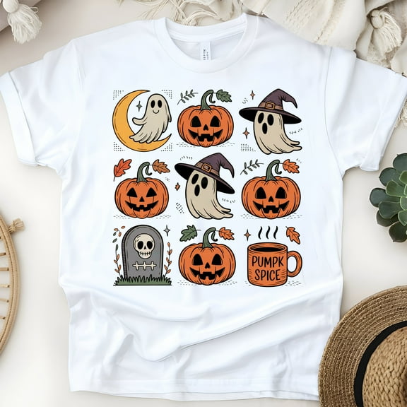 Pumpkin Spice Halloween Shirt | Cute Ghost and Jack O’Lantern Fall Tee, White, Size S
